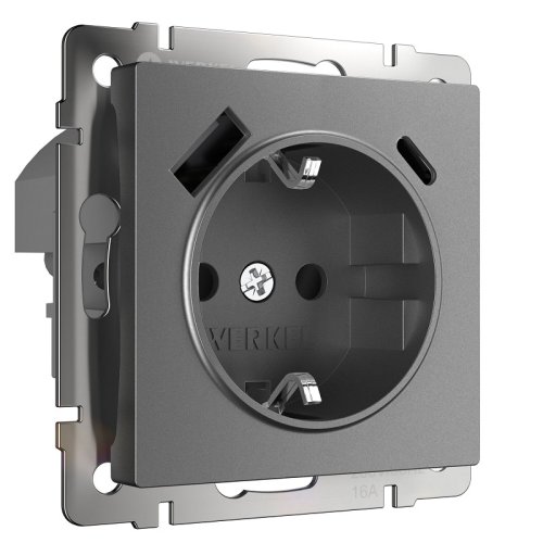 Розетка с заземлением +2хUSB тип A+С без рамки Werkel 1-м. шторки графит матовый фото Розетка с заземлением +2хUSB тип A+С без рамки Werkel 1-м. шторки графит матовый картинка